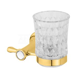 Anatolica Gold Pvd Finish Brass Toothbrush Holder with Clear Crystal Inlaid, Thumbler, Premium Cut Glass Cup, Wall Mounted Design