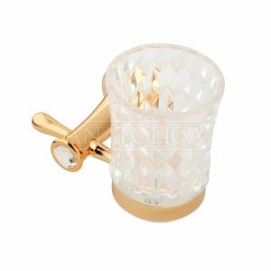 Anatolica Gold Pvd Finish Brass Toothbrush Holder with Clear Crystal Inlaid, Thumbler, Premium Cut Glass Cup, Wall Mounted Design