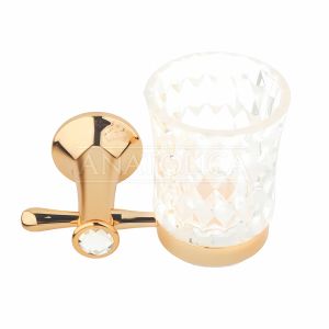 Anatolica Gold Pvd Finish Brass Toothbrush Holder with Clear Crystal Inlaid, Thumbler, Premium Cut Glass Cup, Wall Mounted Design