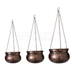 Anatolica Handcrafted Copper Hanging Planter Set(3) – Antique Finish Metal Pots with Chains – Indoor & Outdoor Hanging Decor for Plants, Herbs, Candles